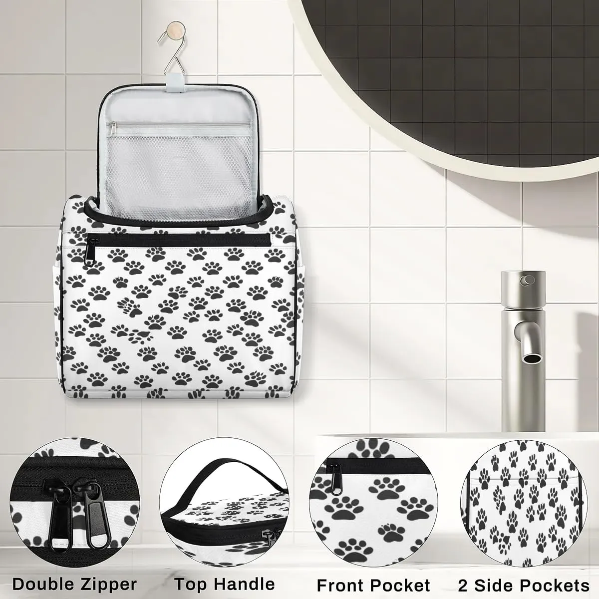 Black White Paw Print Toiletry Bag for Women and Men, Hanging Travel Makeup Bag, Cute Dog Cat Pet Paw Travel Toiletry Organizer Bag, Makeup Organizer Bag for Cosmetics