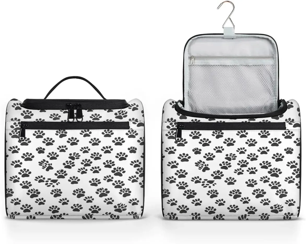 Black White Paw Print Toiletry Bag for Women and Men, Hanging Travel Makeup Bag, Cute Dog Cat Pet Paw Travel Toiletry Organizer Bag, Makeup Organizer Bag for Cosmetics