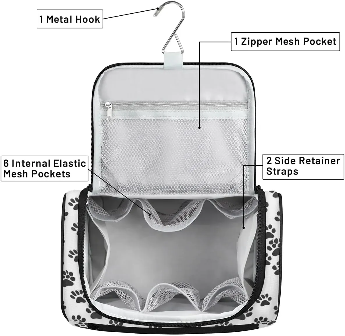 Black White Paw Print Toiletry Bag for Women and Men, Hanging Travel Makeup Bag, Cute Dog Cat Pet Paw Travel Toiletry Organizer Bag, Makeup Organizer Bag for Cosmetics