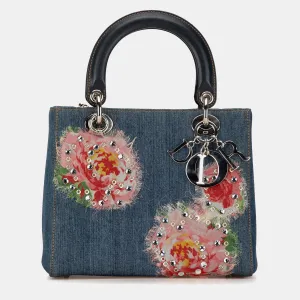 Blue Denim Floral Embellished Medium Lady Tote Bag