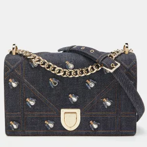 Blue Denim Medium Crystal Embellished Diorama Shoulder Bag