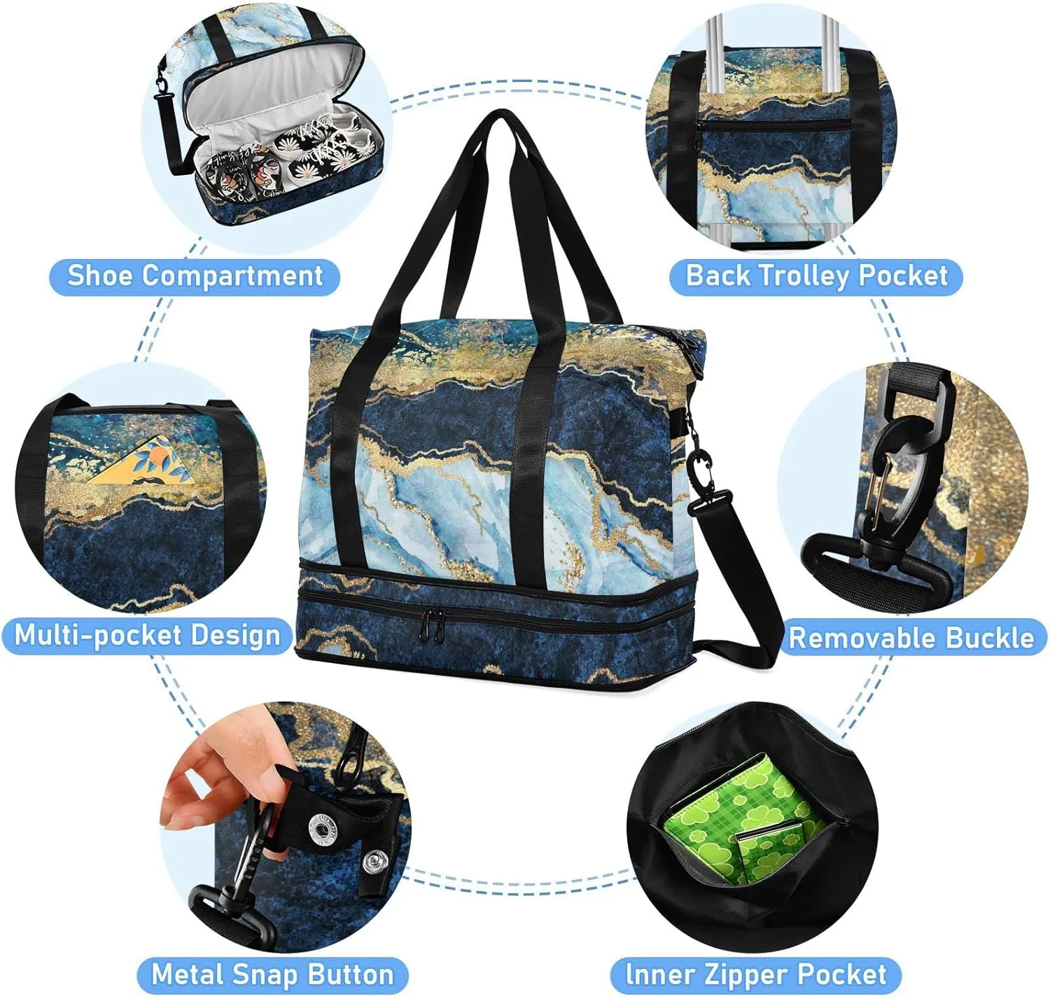 Blue Marble with Gold Veins Stone Golden foil Glitter Marbling Gym Duffel Bag, Polyester Travel Weekender Luggage Handbag with Waterproof Pocket for Wet Items, Unisex Foldable Tote for Sports