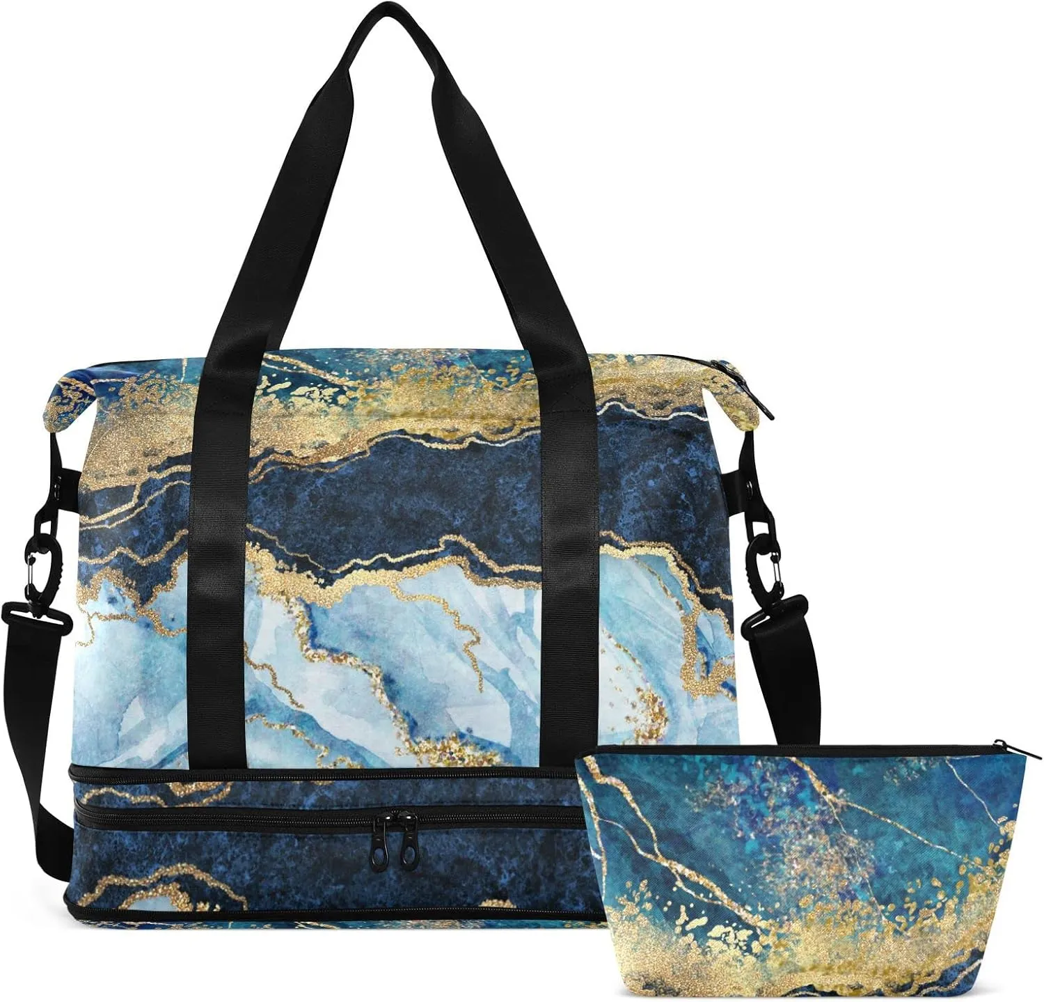 Blue Marble with Gold Veins Stone Golden foil Glitter Marbling Gym Duffel Bag, Polyester Travel Weekender Luggage Handbag with Waterproof Pocket for Wet Items, Unisex Foldable Tote for Sports