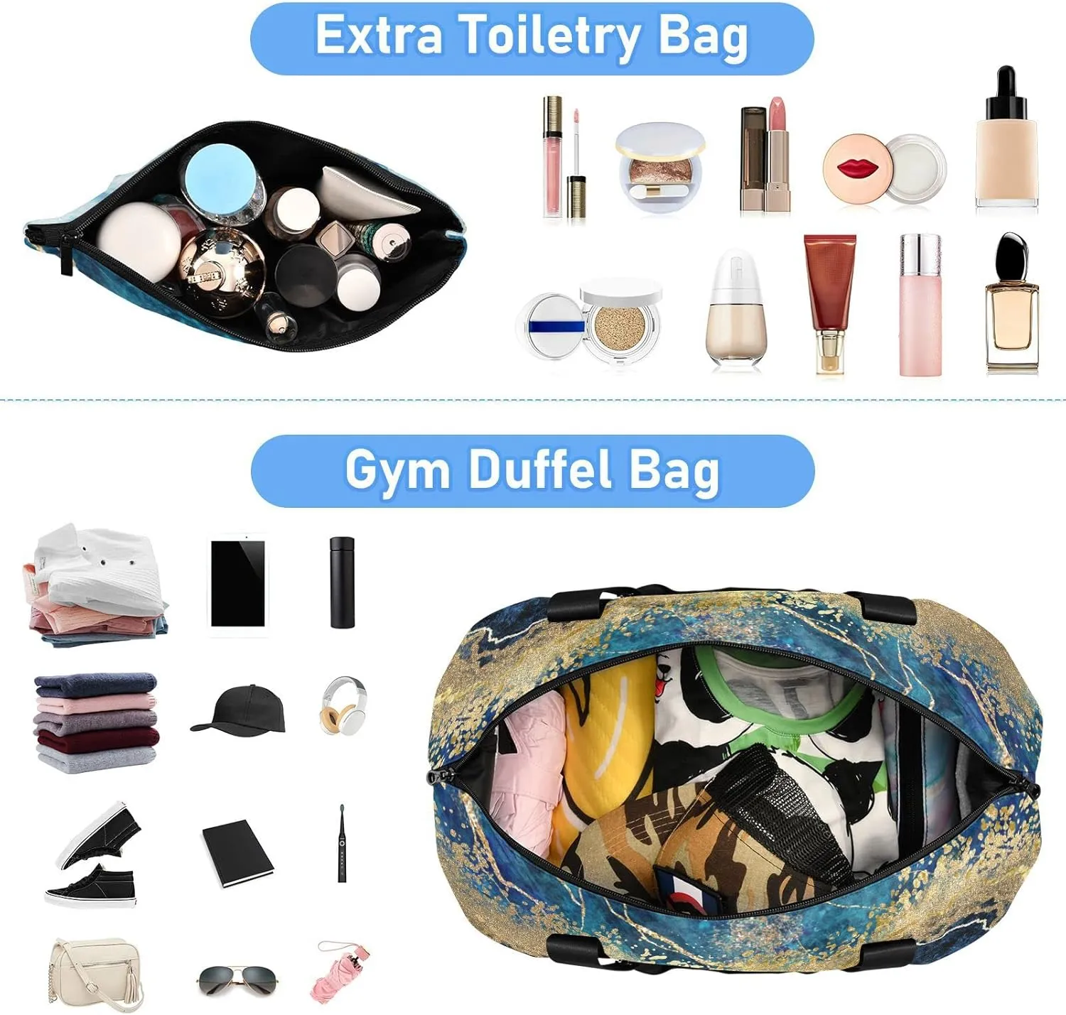 Blue Marble with Gold Veins Stone Golden foil Glitter Marbling Gym Duffel Bag, Polyester Travel Weekender Luggage Handbag with Waterproof Pocket for Wet Items, Unisex Foldable Tote for Sports