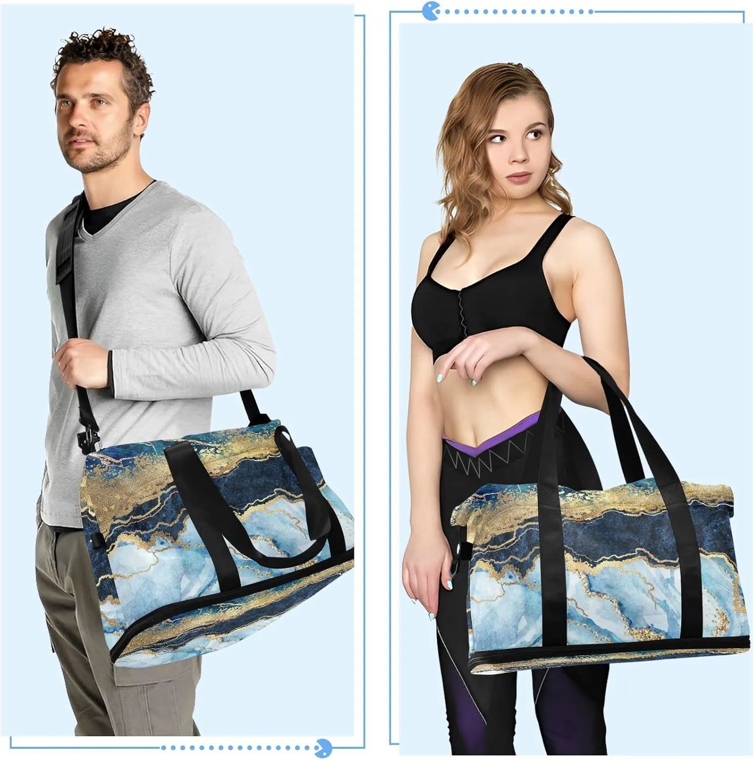 Blue Marble with Gold Veins Stone Golden foil Glitter Marbling Gym Duffel Bag, Polyester Travel Weekender Luggage Handbag with Waterproof Pocket for Wet Items, Unisex Foldable Tote for Sports