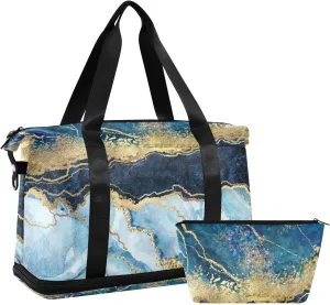 Blue Marble with Gold Veins Stone Golden foil Glitter Marbling Gym Duffel Bag, Polyester Travel Weekender Luggage Handbag with Waterproof Pocket for Wet Items, Unisex Foldable Tote for Sports