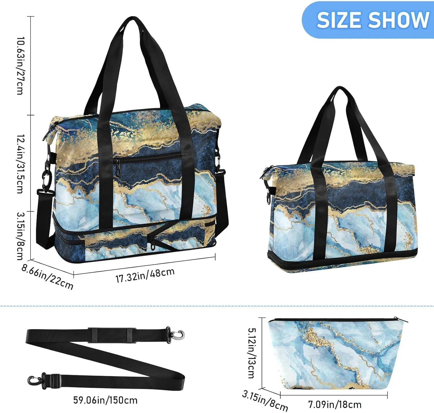 Blue Marble with Gold Veins Stone Golden foil Glitter Marbling Gym Duffel Bag, Polyester Travel Weekender Luggage Handbag with Waterproof Pocket for Wet Items, Unisex Foldable Tote for Sports