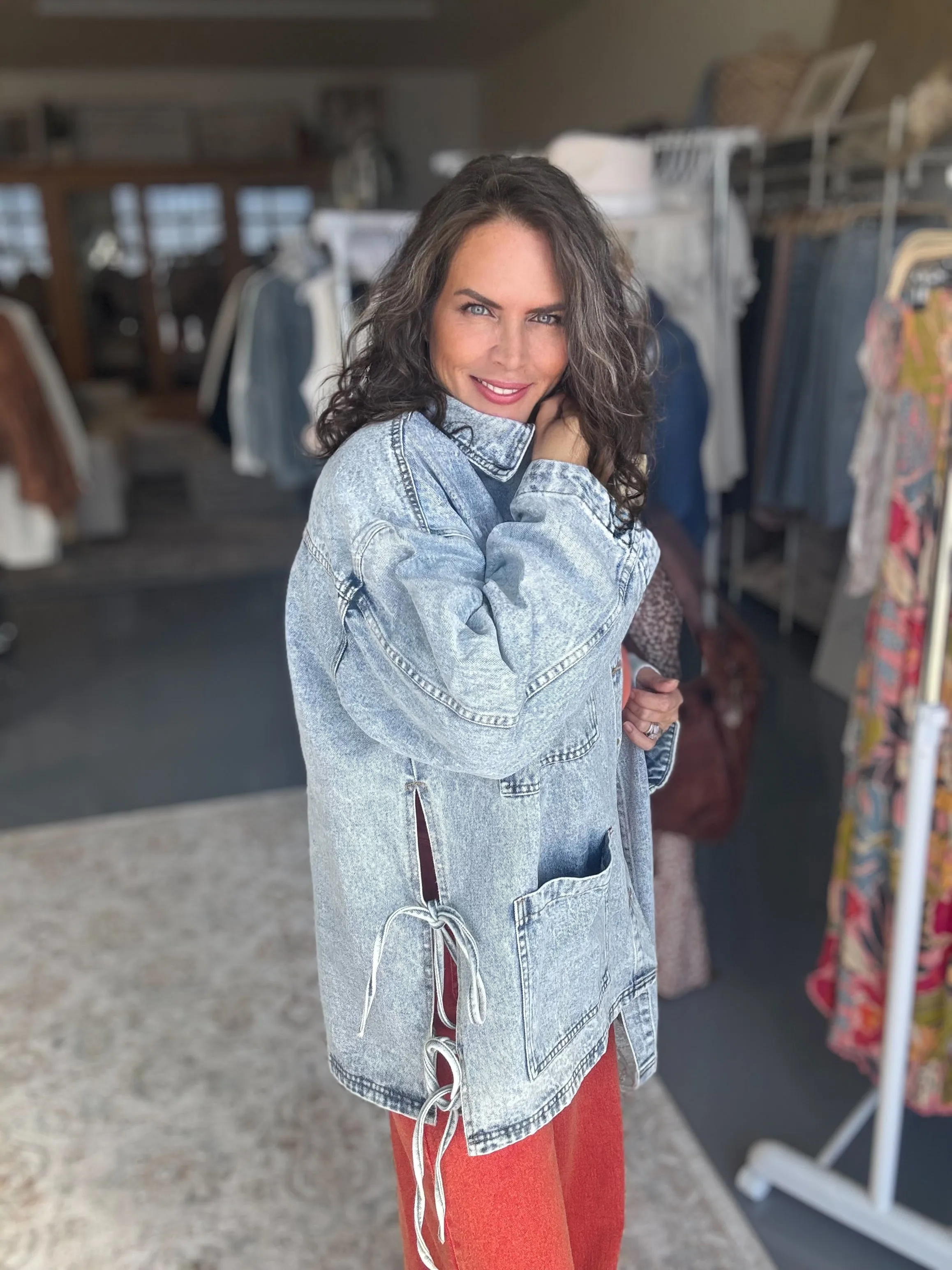 BO HO SIDE TIE OVERSIZED DENIM JACKET