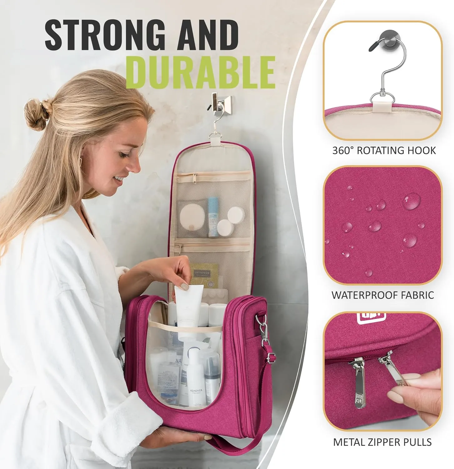 BOACAY Extra Large Hanging Travel Toiletry Bag for Women and Men, Makeup Bag, Bathroom & Shower Organizer Kit for Accessories, Cosmetics, Essentials