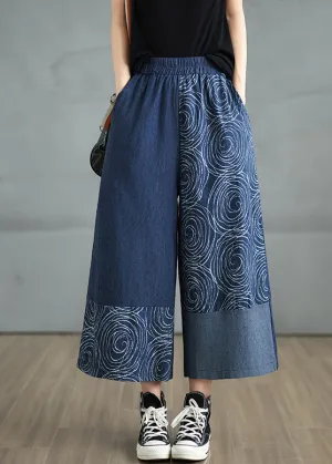 Bohemian Navy Asymmetrical Print Denim Pants Summer