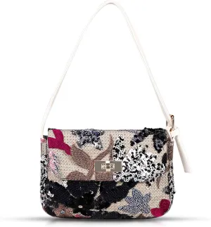 Bohemian Sequin Embroidery Beach Handbag, Straw Shoulder Bag for Women's Vacation Travel (Black Flowers)