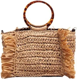 Bohemian Straw Bag,Tote Handmade Hand-woven Women Handbags for Retro Summer Vacation Beach Travel Daily Matching Bag 153