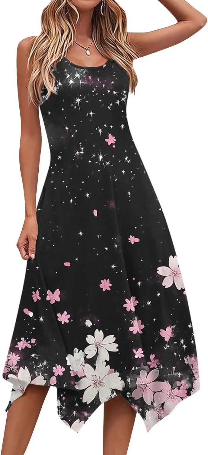 Boho Dresses for Women 2025 Summer Floral Print Flowy Sundress Casual Sleeveless Swing Beach Midi Tank Dress