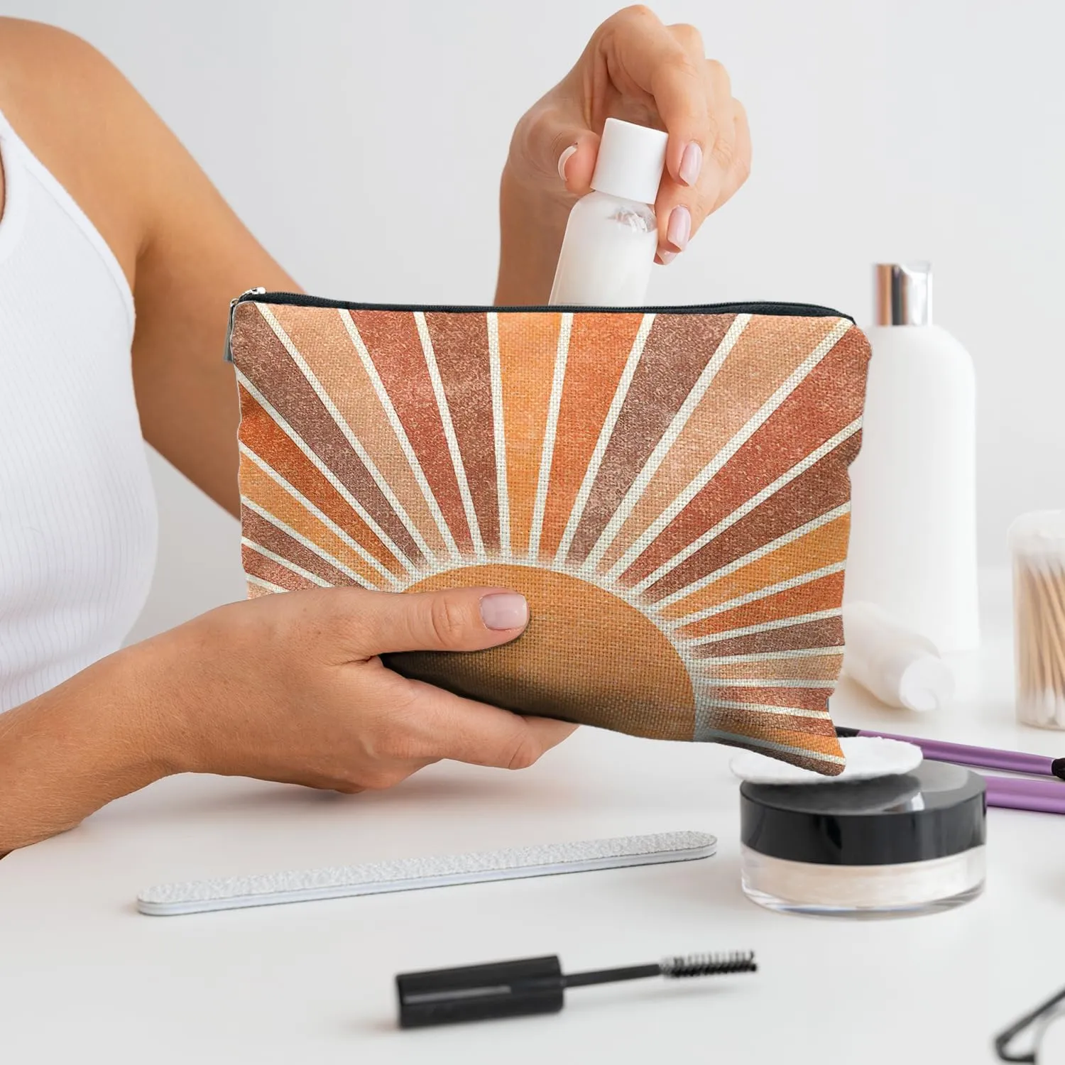 Boho Makeup Bag, Vintage Boho Neutral Sun boho Cosmetic Bags for Women, Summer Makeup Bag, Beach Makeup Bag, Boho Gifts for Women