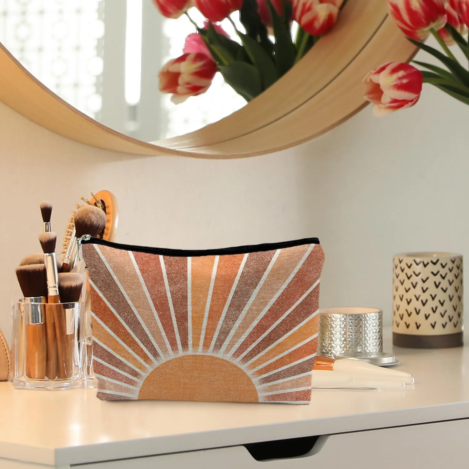 Boho Makeup Bag, Vintage Boho Neutral Sun boho Cosmetic Bags for Women, Summer Makeup Bag, Beach Makeup Bag, Boho Gifts for Women