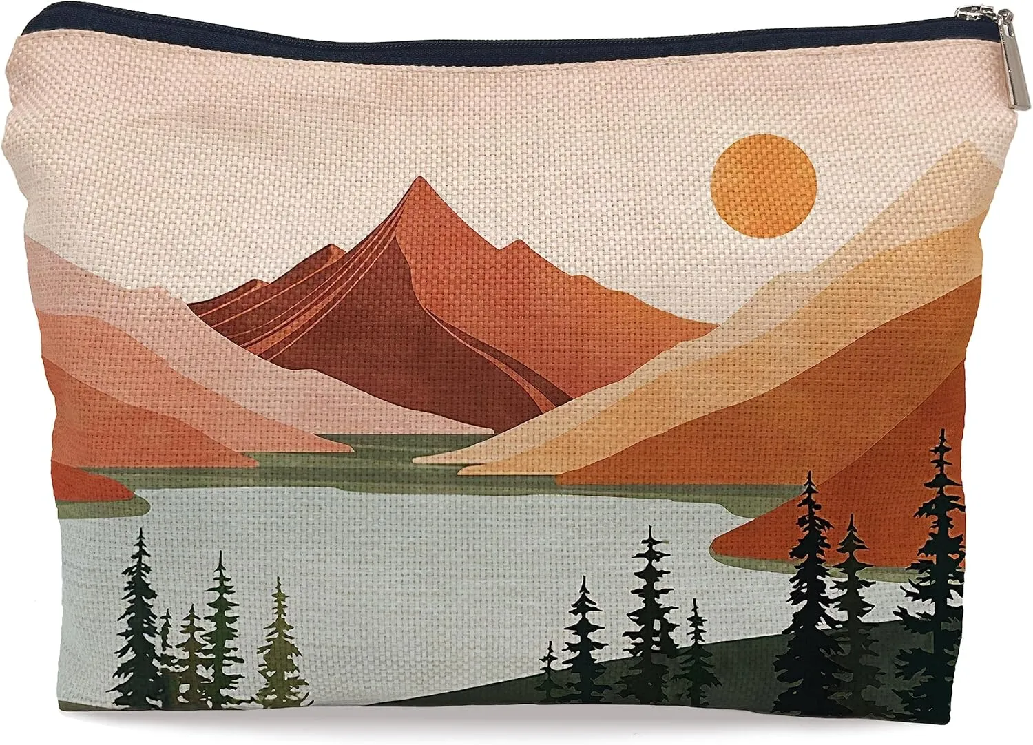 Boho Terracotta Lake Mountain Scenery Decor Cosmetic Bag,Boho Mid Century Sun Landscape Decorative Women's Makeup Bag Zipper Pouch Travel Toiletry,Gifts For Boho Nature Scenery Lovers Mom Women Girls