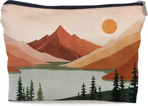 Boho Terracotta Lake Mountain Scenery Decor Cosmetic Bag,Boho Mid Century Sun Landscape Decorative Women's Makeup Bag Zipper Pouch Travel Toiletry,Gifts For Boho Nature Scenery Lovers Mom Women Girls