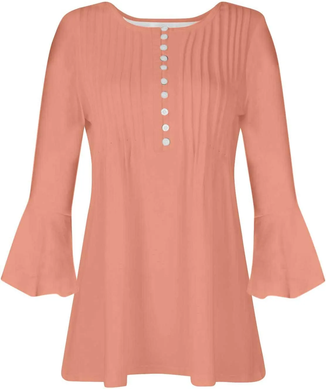 Boho Tops for Women Fall Solid Button Down Empire Waist Pleated Shirts V-Neck Fashion 3/4 Sleeve Vintage Flowy Blouse
