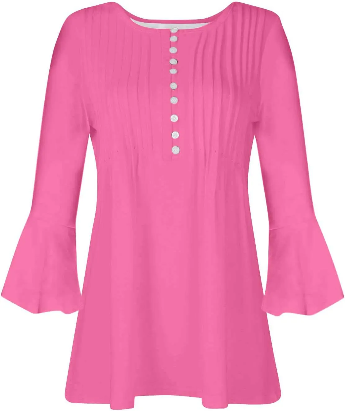 Boho Tops for Women Fall Solid Button Down Empire Waist Pleated Shirts V-Neck Fashion 3/4 Sleeve Vintage Flowy Blouse