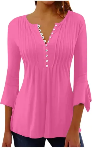 Boho Tops for Women Fall Solid Button Down Empire Waist Pleated Shirts V-Neck Fashion 3/4 Sleeve Vintage Flowy Blouse
