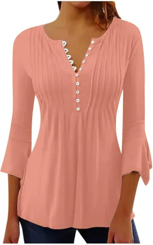 Boho Tops for Women Fall Solid Button Down Empire Waist Pleated Shirts V-Neck Fashion 3/4 Sleeve Vintage Flowy Blouse