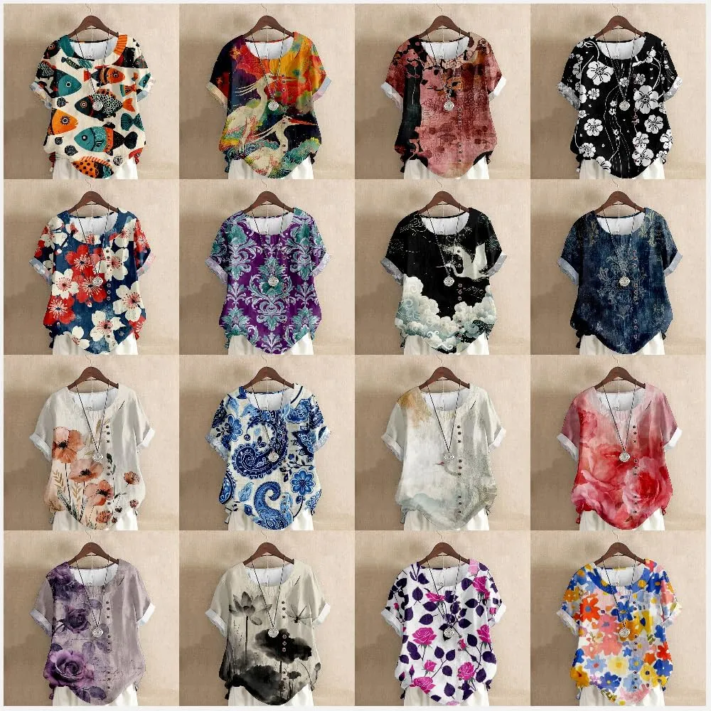 Boho Tops for Women Floral Shirts 2024 Summer Soft Cold Shoulder Short Sleeve Crew Neck Fashion T Shirts Blouse
