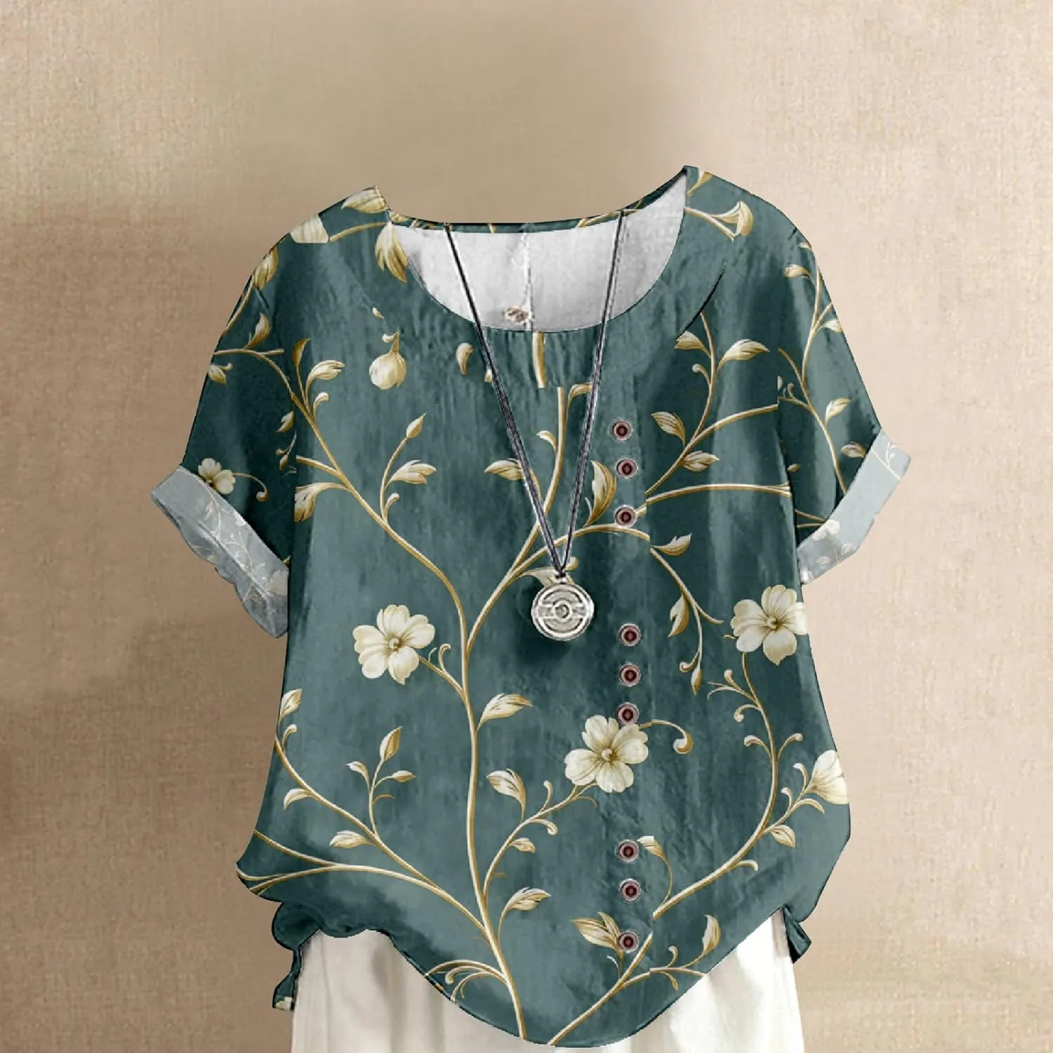 Boho Tops for Women Floral Shirts 2024 Summer Soft Cold Shoulder Short Sleeve Crew Neck Fashion T Shirts Blouse