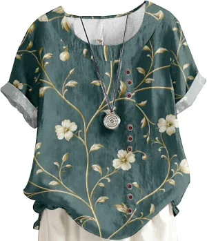 Boho Tops for Women Floral Shirts 2024 Summer Soft Cold Shoulder Short Sleeve Crew Neck Fashion T Shirts Blouse