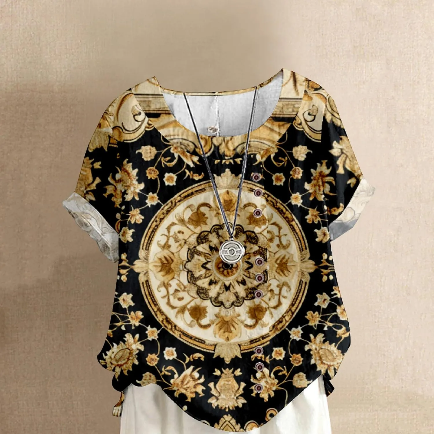 Boho Tops for Women Floral Shirts 2024 Summer Soft Cold Shoulder Short Sleeve Crew Neck Fashion T Shirts Blouse
