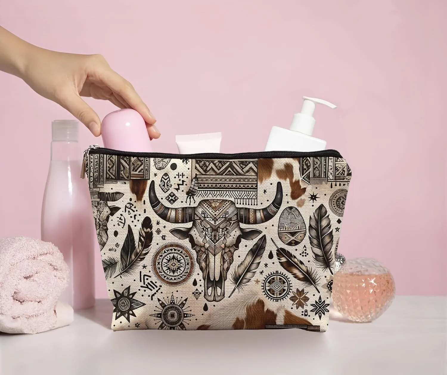 Boho Western Makeup Bag, Ethnic Western Southwestern Aztec Tribal Cosmetic Bag for Women, Cowgirl Gifts, Western Gifts for Women, Country Girl Gifts, Cowgirl Stuff, Western Makeup Pouch