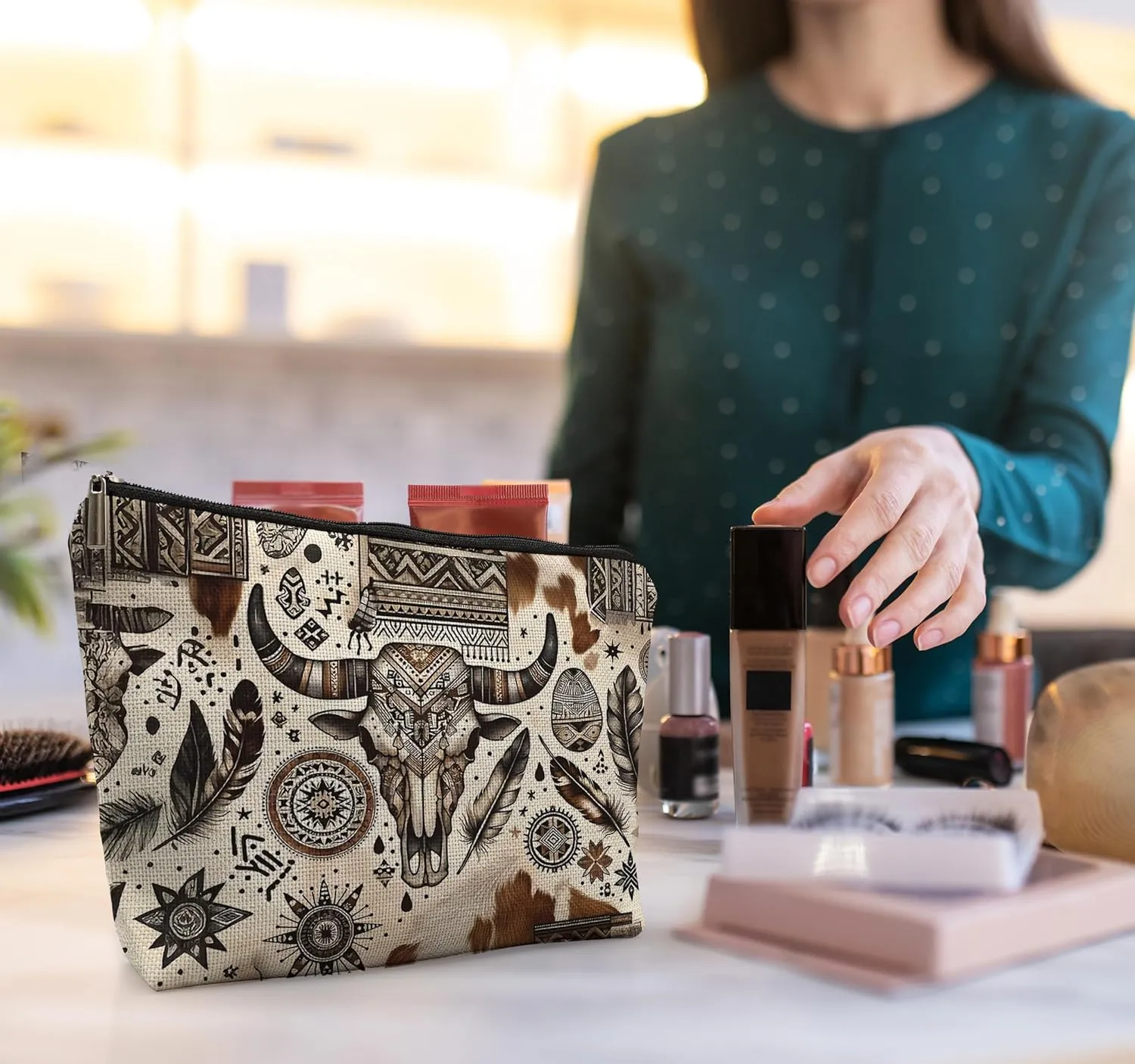 Boho Western Makeup Bag, Ethnic Western Southwestern Aztec Tribal Cosmetic Bag for Women, Cowgirl Gifts, Western Gifts for Women, Country Girl Gifts, Cowgirl Stuff, Western Makeup Pouch