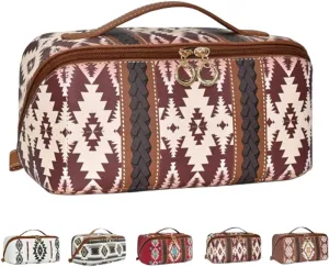 Boho Western Style Makeup Bag, PU Casual Colorblock Makeup Organizer Pouch, Boho Style Cosmetic Bag for Women, for Travel, Daily Use, Weekend Getaways (Type-D)