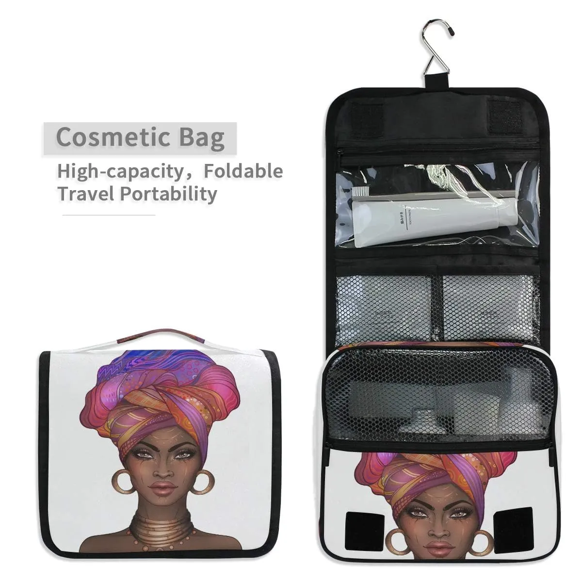 Bolaz Hanging Toiletry Bag African American Women Portable Cosmetic Makeup Travel Organizer for Men & Women with Sturdy Hook