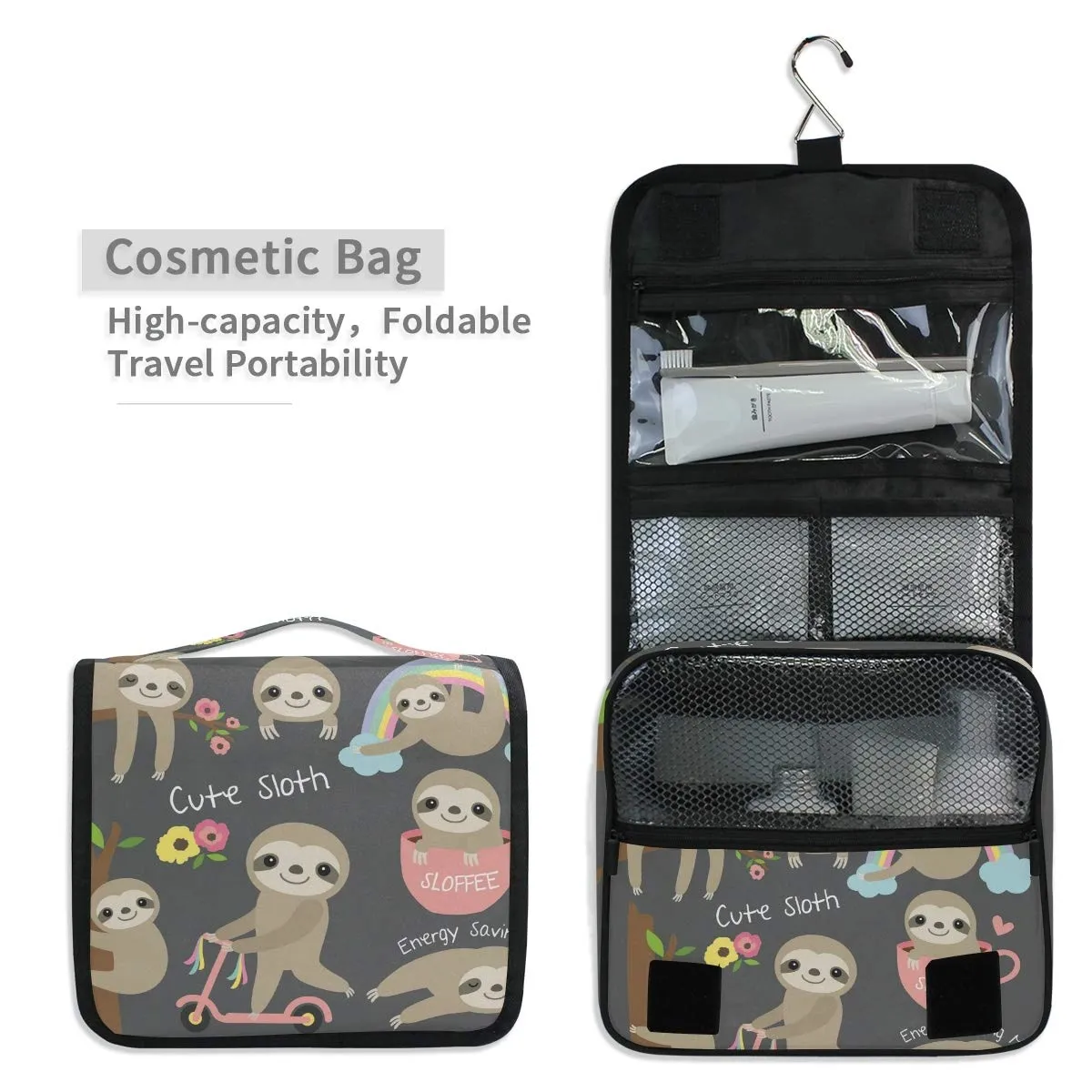 Bolaz Hanging Toiletry Bag Cute Sloth Portable Cosmetic Makeup Travel Organizer for Men & Women with Sturdy Hook