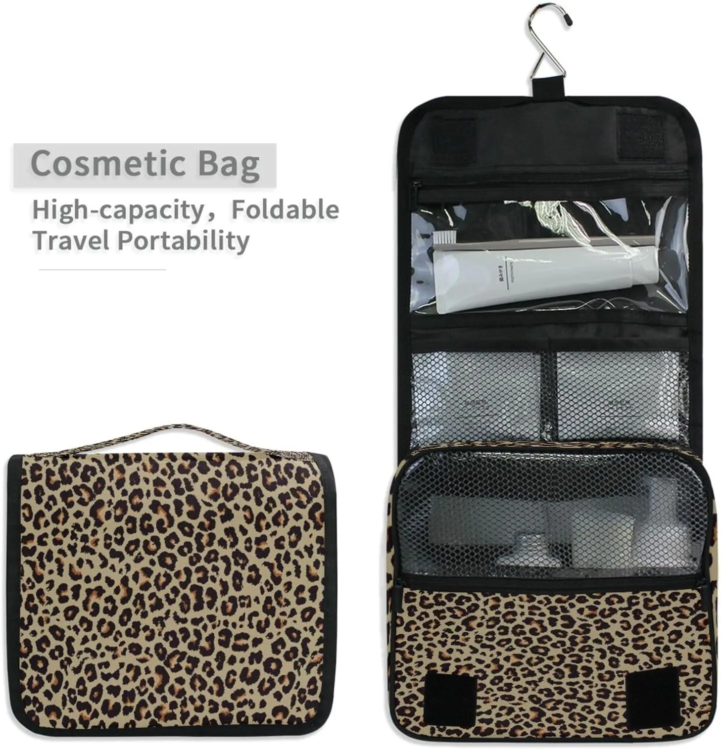Bolaz Hanging Toiletry Bag Portable Cosmetic Makeup Cheetah Leopard Print Animal Skin Travel Organizer for Men & Women with Sturdy Hook