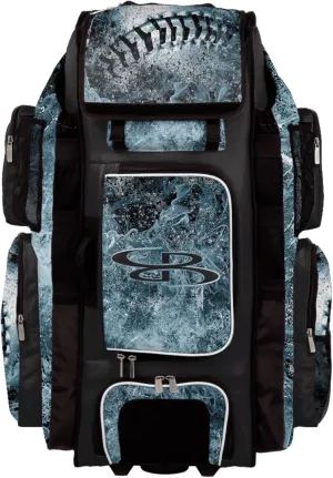 Boombah Superpack XL Rolling Bat Bag - 36" x 16" x 23.5" - Telescopic Handle - Holds 8 Bats - Wheeled Version - Baseball Chrome Black/White/Ice Blue