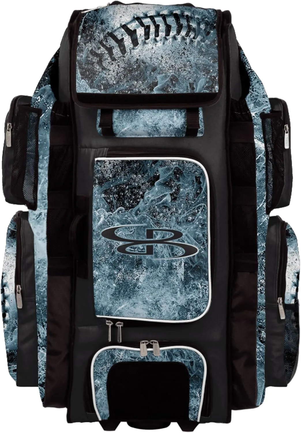 Boombah Superpack XL Rolling Bat Bag - 36" x 16" x 23.5" - Telescopic Handle - Holds 8 Bats - Wheeled Version - Baseball Chrome Black/White/Ice Blue