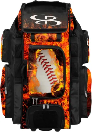 Boombah Superpack XL Rolling Bat Bag - 36" x 16" x 23.5" - Telescopic Handle - Holds 8 Bats - Wheeled Version - Baseball Fireball Black/Orange/White