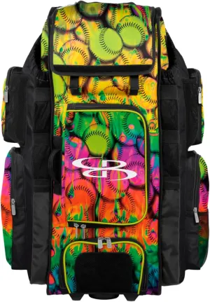 Boombah Superpack XL Rolling Bat Bag - 36" x 16" x 23.5" - Telescopic Handle - Holds 8 Bats - Wheeled Version - Softball Neon Ballpark Multi
