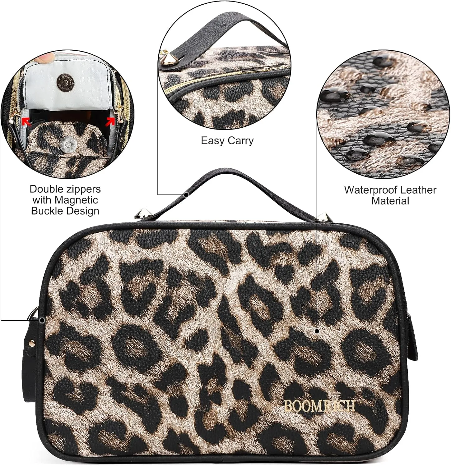 BOOMRICH Large Travel Makeup Bag, Cosmetic Bag, Toiletry Bag for Women, Water-Resistant Leather Toiletry Organizer, Dopp Kit for Toiletries Accessories, Leopard