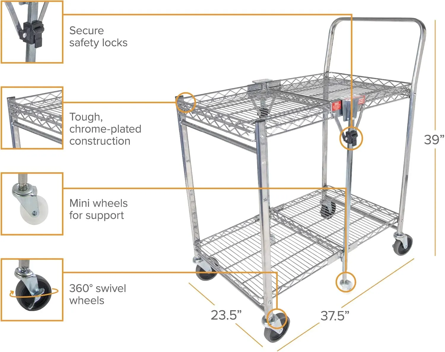 Bostitch Office Stowaway Folding Utility Cart, NSF Certified, Metal Heavy Duty Design, 23.5" x 37.5" x 39", Chrome