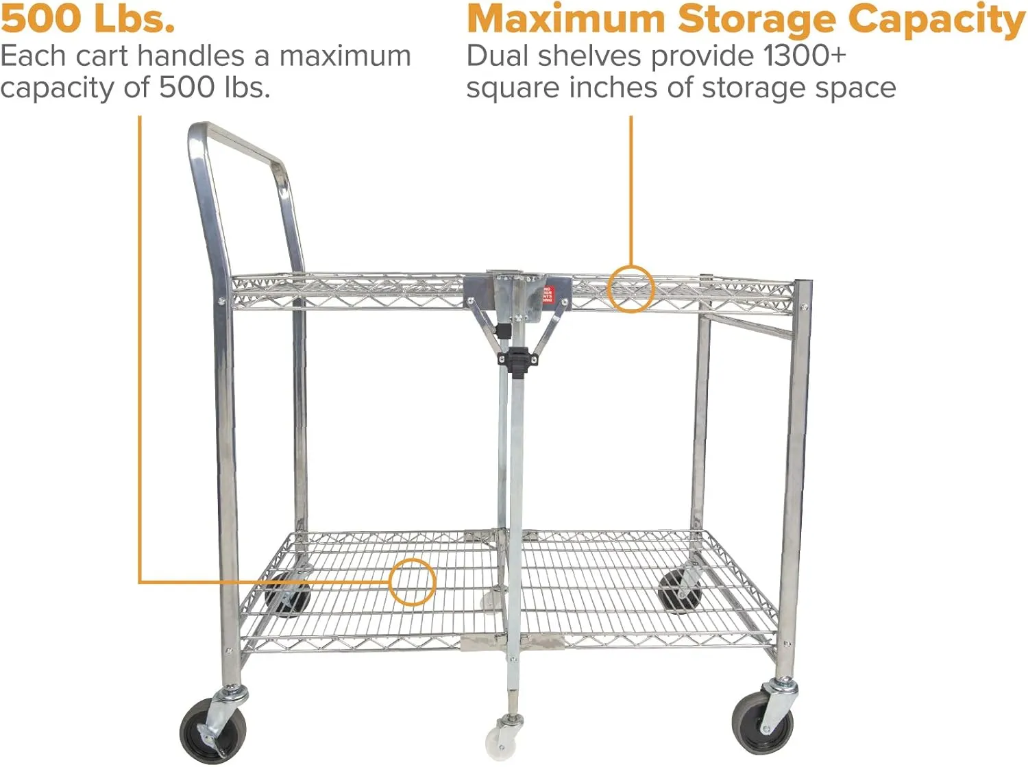Bostitch Office Stowaway Folding Utility Cart, NSF Certified, Metal Heavy Duty Design, 23.5" x 37.5" x 39", Chrome