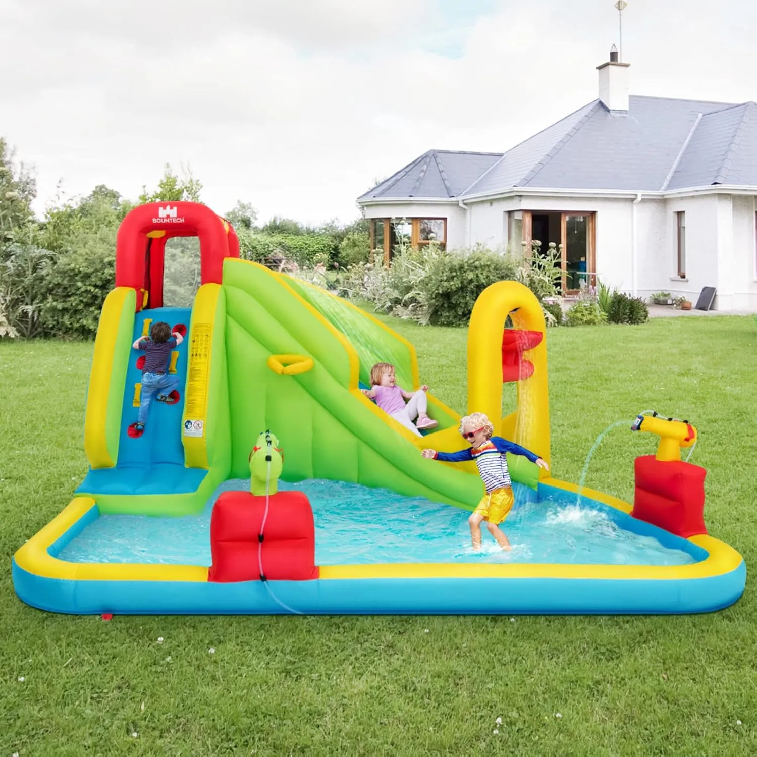 BOUNTECH Inflatable Water Slide, Mega Waterslide Park for Kids Backyard Family Fun with Splash Pool, Water Basin, Climbing, Blow up Water Slides Inflatables for Kids and Adults Outdoor Party Gifts