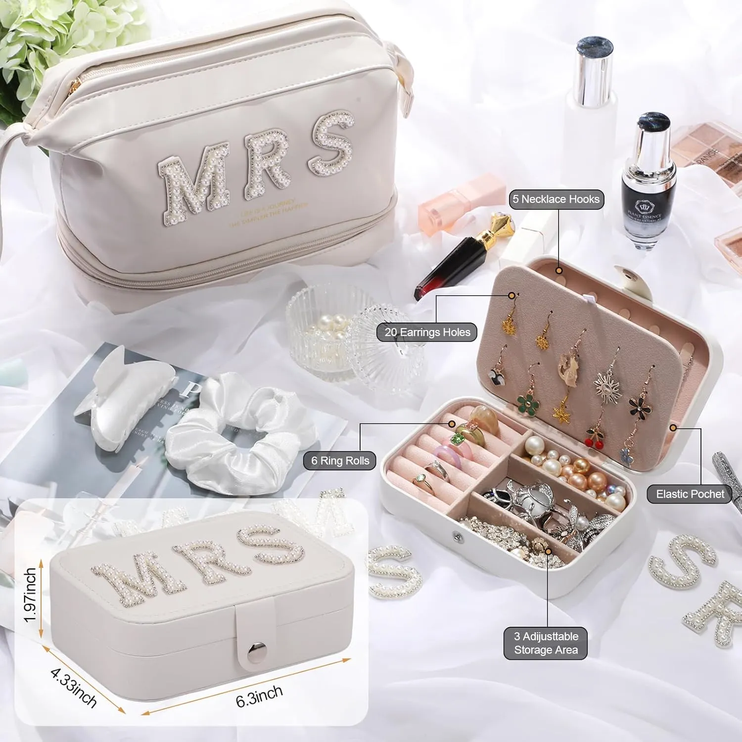 Bride Wedding Makeup Bag Large Double Layers Cosmetic Bag Travel Jewelry Box Claw Hair Clip Bridal Hair Tie for Women Bridal Shower Gift Engagement Present (White,Mrs)