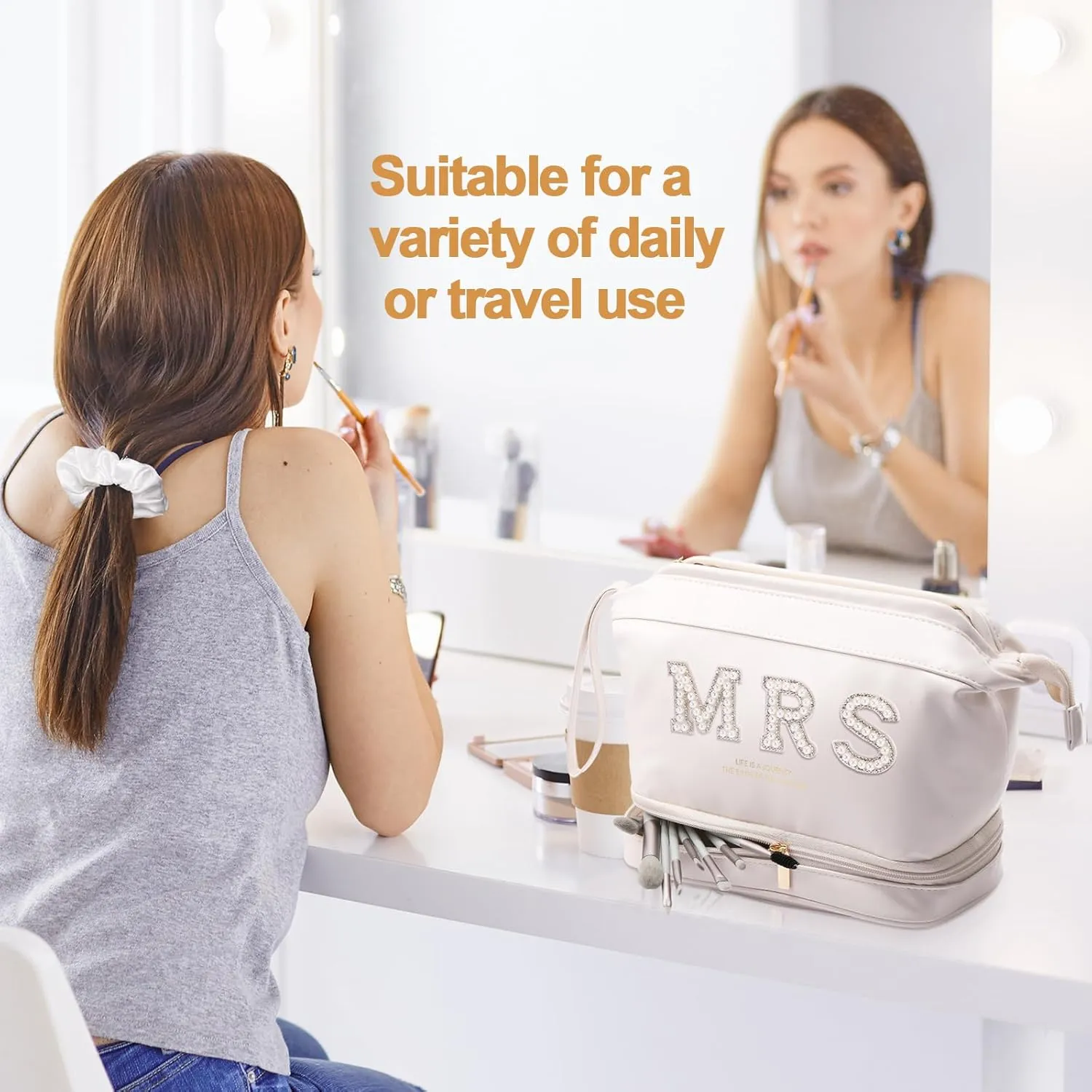Bride Wedding Makeup Bag Large Double Layers Cosmetic Bag Travel Jewelry Box Claw Hair Clip Bridal Hair Tie for Women Bridal Shower Gift Engagement Present (White,Mrs)