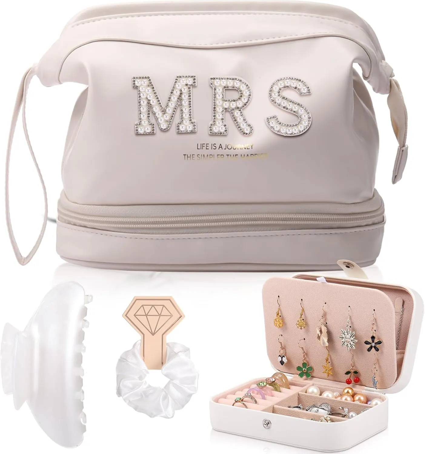 Bride Wedding Makeup Bag Large Double Layers Cosmetic Bag Travel Jewelry Box Claw Hair Clip Bridal Hair Tie for Women Bridal Shower Gift Engagement Present (White,Mrs)