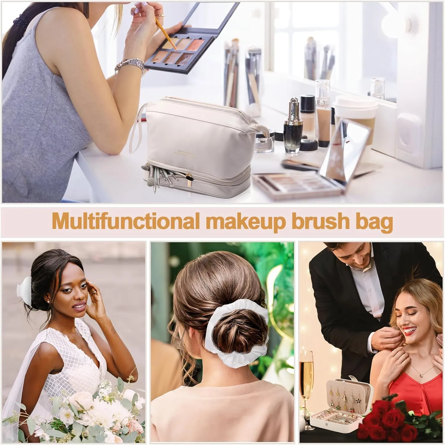 Bride Wedding Makeup Bag Large Double Layers Cosmetic Bag Travel Jewelry Box Claw Hair Clip Bridal Hair Tie for Women Bridal Shower Gift Engagement Present (White,Mrs)