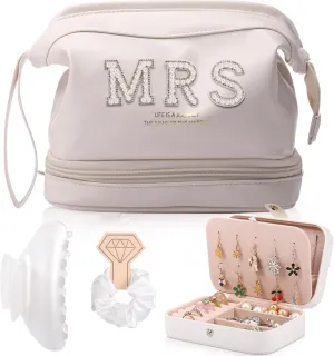 Bride Wedding Makeup Bag Large Double Layers Cosmetic Bag Travel Jewelry Box Claw Hair Clip Bridal Hair Tie for Women Bridal Shower Gift Engagement Present (White,Mrs)