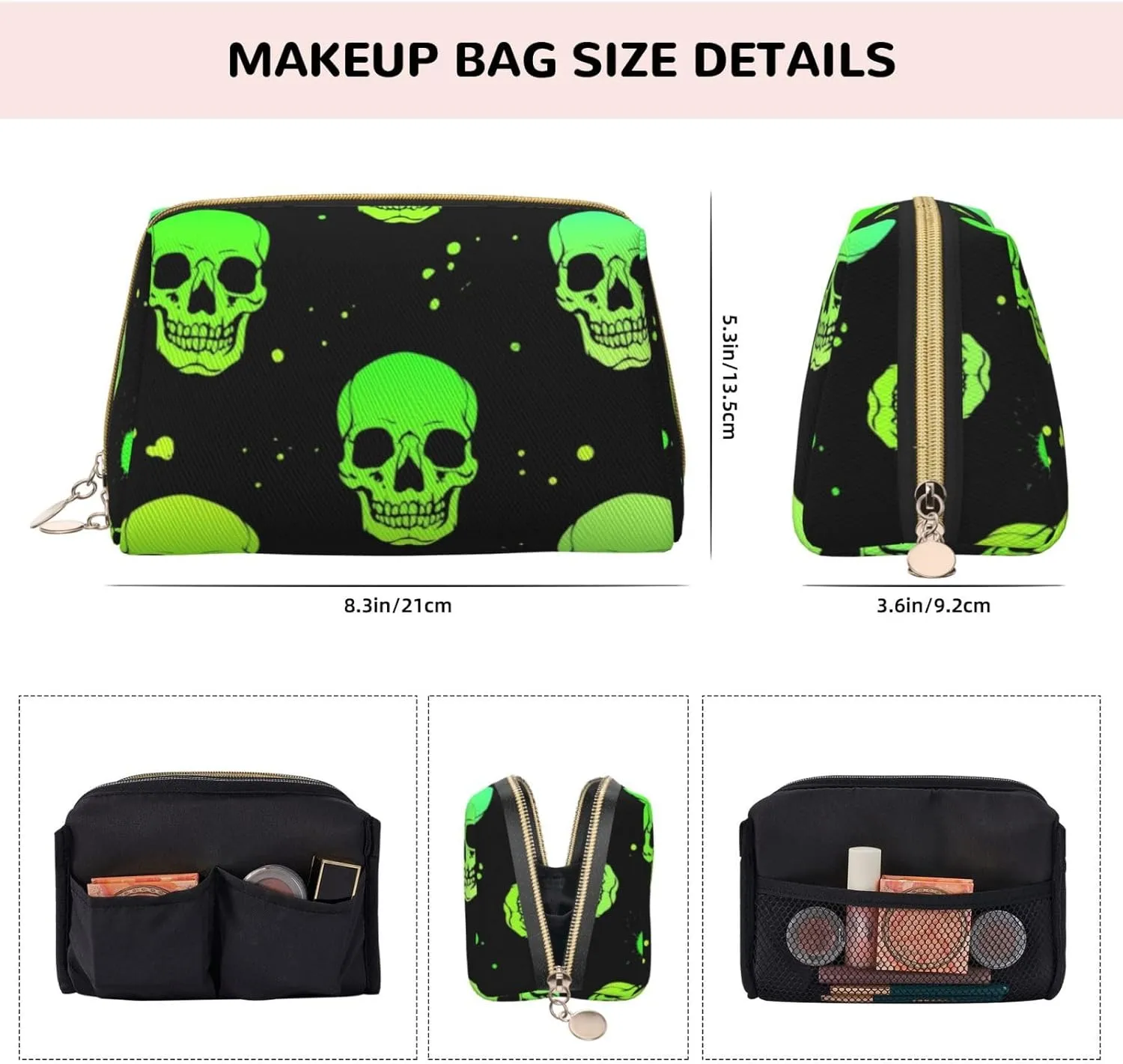 Bright And Toxic Acidic Skulls Makeup Bag Large Makeup Bag Zipper Pouch Travel Cosmetic Organizer For Women