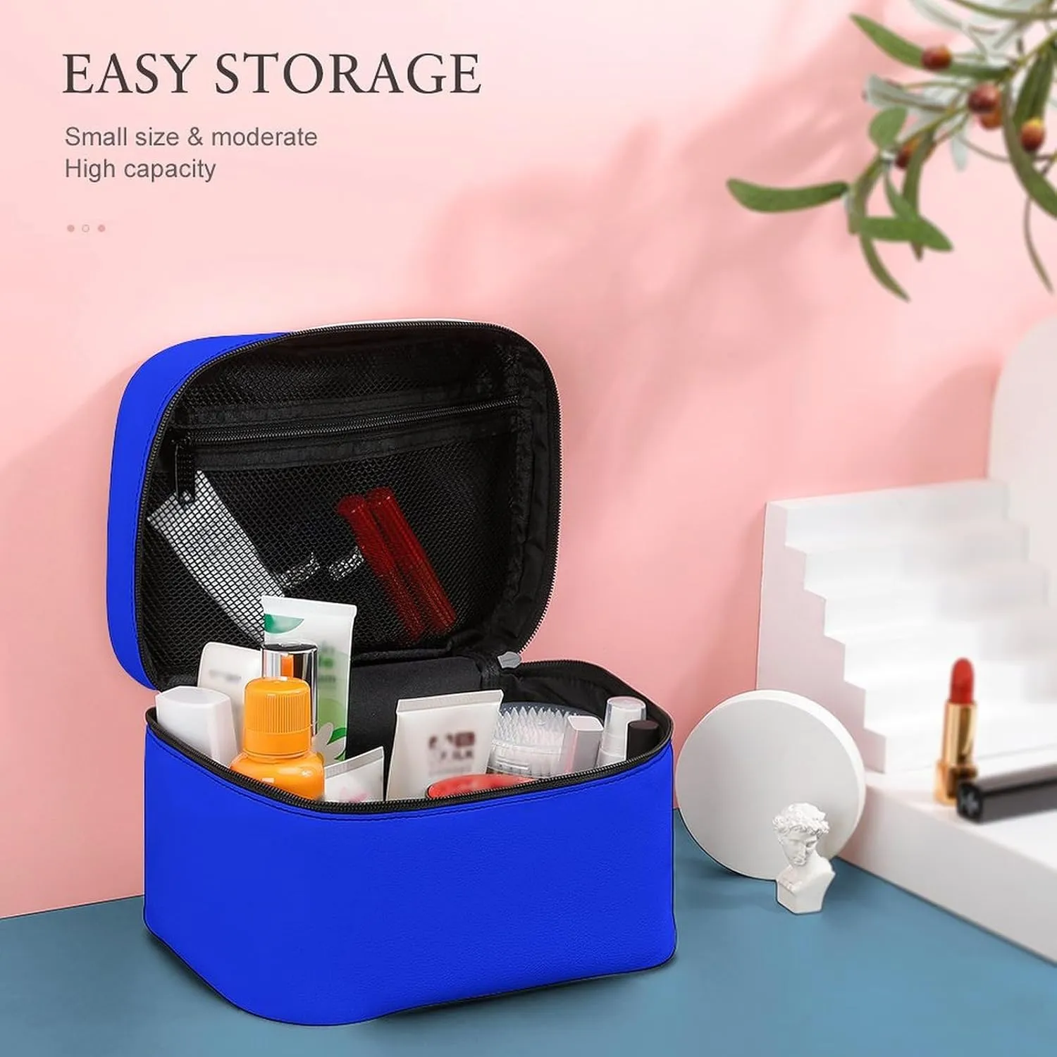 Bright Blue Cosmetic Bag, Travel Portable Makeup Bag for Purse Pouch Beauty Zipper Organizer Toiletry Bag for Women